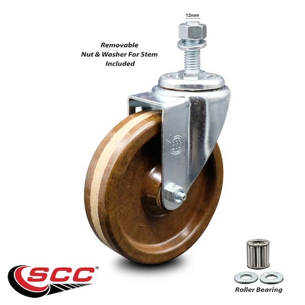 5 Inch High Temp Phenolic Wheel Swivel 12mm Threaded Stem Caster SCC